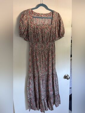 Free People Floral Puff-Sleeve Midi Dress in Cream and Red in Medium.